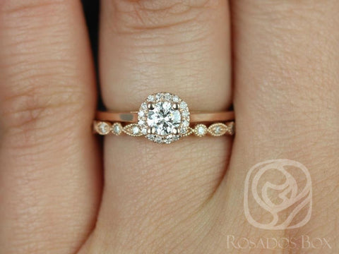 1/3cts Amerie 4.5mm & Gwen 14kt Diamond Dainty Round Halo Bridal Set - Rosados Box