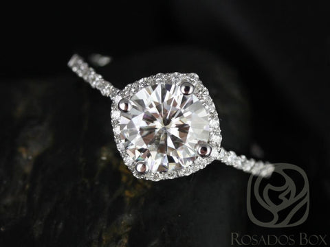 1.25ct Kitana 7mm 14kt Gold Moissanite Diamond Kite Set Dainty Pave Cushion Halo Ring - Rosados Box
