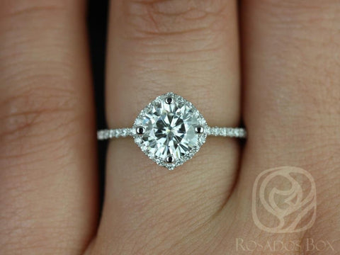 1.25ct Kitana 7mm 14kt Gold Moissanite Diamond Kite Set Dainty Pave Cushion Halo Ring - Rosados Box