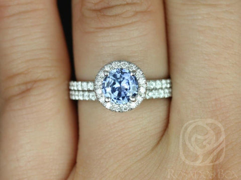 1.07ct Ready to Ship Callie 14kt Gold Icy Cornflower Blue Sapphire Diamonds Round Halo Bridal Set - Rosados Box