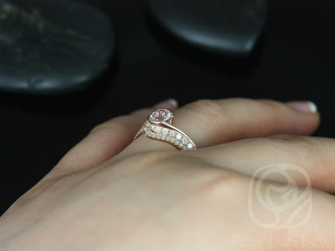 0.91ct Ready to Ship Odala 14kt Rose Gold Peach Champagne Sapphire Diamonds Pave Bypass Round Bridal Set
