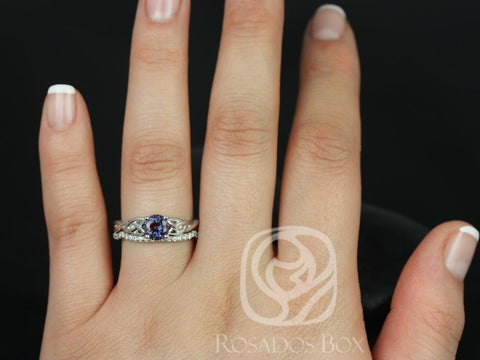 Cassidy 6mm 14kt Solid White Gold Round Alexandrite Diamonds Celtic Love Knot Triquetra Bridal Set - Rosados Box