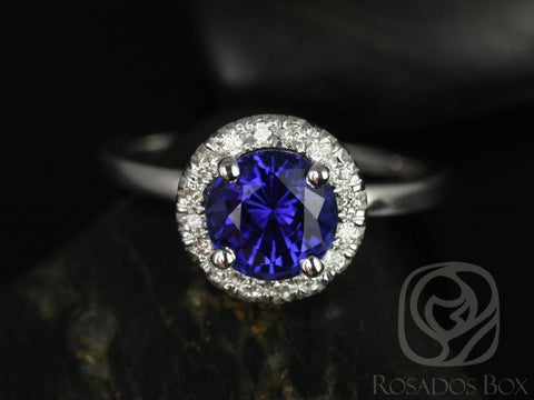 Ready to Ship Katie 7mm 14kt White Gold Round Blue Sapphire and Diamonds Halo Engagement Ring - Rosados Box