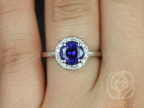 Ready to Ship Katie 7mm 14kt White Gold Round Blue Sapphire and Diamonds Halo Engagement Ring - Rosados Box