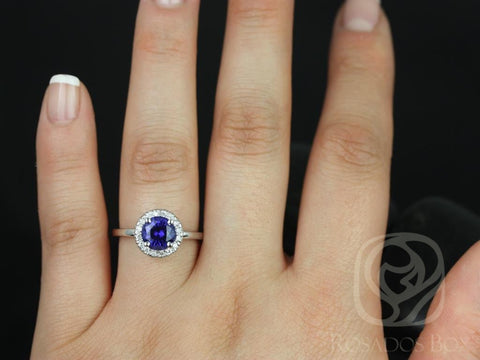 Ready to Ship Katie 7mm 14kt White Gold Round Blue Sapphire and Diamonds Halo Engagement Ring - Rosados Box