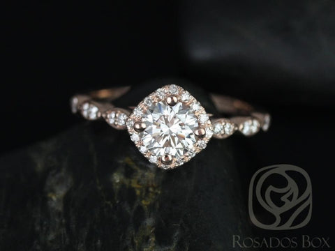 0.75cts Katya 6mm 14kt Gold Moissanite Diamond WITHOUT Milgrain Halo Engagement Ring - Rosados Box