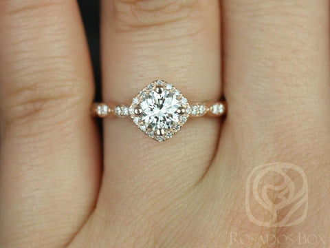 0.75cts Katya 6mm 14kt Gold Moissanite Diamond WITHOUT Milgrain Halo Engagement Ring - Rosados Box