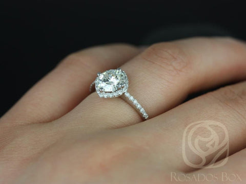 1.25ct Kitana 7mm 14kt Gold Moissanite Diamond Kite Set Dainty Pave Cushion Halo Ring - Rosados Box