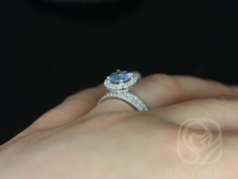 1.07ct Ready to Ship Callie 14kt Gold Icy Cornflower Blue Sapphire Diamonds Round Halo Bridal Set - Rosados Box