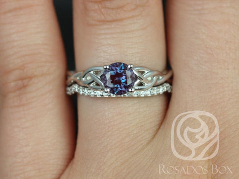Cassidy 6mm 14kt Solid White Gold Round Alexandrite Diamonds Celtic Love Knot Triquetra Bridal Set - Rosados Box