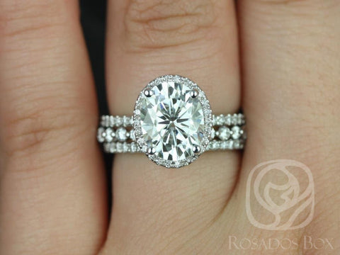 3ct Federella 10x8mm & Petite Naomi 14kt Moissanite Diamond Oval Halo TRIO Bridal Set - Rosados Box