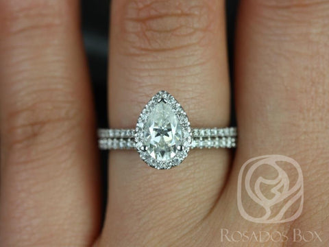 1ct Tabitha 8x5mm 14kt White Gold Forever One Moissanite Diamonds Dainty Pave Pear Halo Bridal Set - Rosados Box