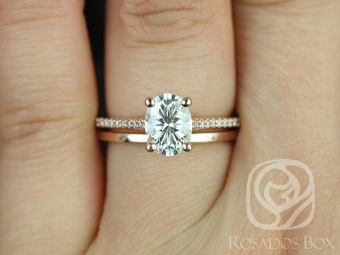 1.50cts Blake 8x6mm & PLAIN Blake 14kt Moissanite Diamond Oval Solitaire Bridal Set - Rosados Box