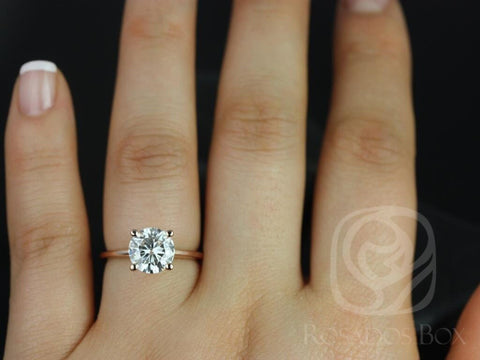 2ct Skinny Alberta 8mm 14kt Rose Gold Moissanite Dainty Minimalist Cathedral Round Solitaire Engagement Ring
