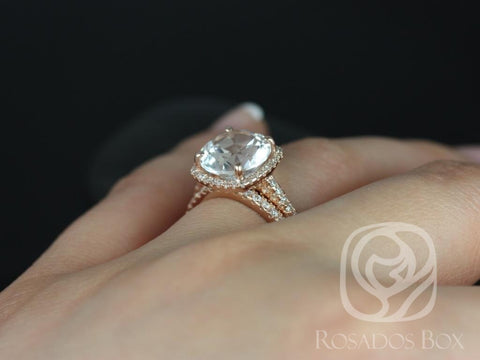 Rosados Box Ready to Ship Barra 10mm 14kt WHITE Gold Round White Topaz Diamond Cushion Halo Bridal Set - Rosados Box