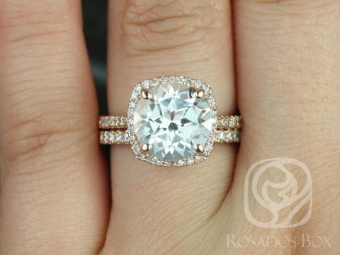 Rosados Box Ready to Ship Barra 10mm 14kt WHITE Gold Round White Topaz Diamond Cushion Halo Bridal Set - Rosados Box