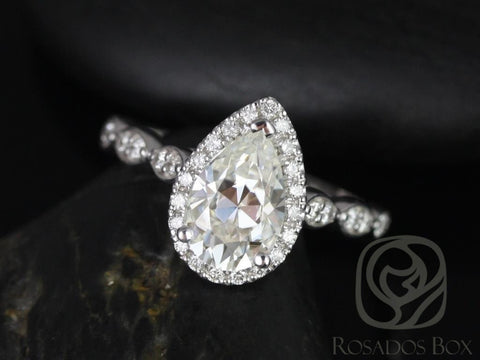 1.50ct Sydney 9x6mm 14kt White Gold Moissanite Diamond WITHOUT Milgrain Pear Halo Engagement Ring, Rosados Box