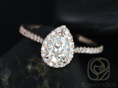 0.75cts Tabitha 7x5mm 14kt Gold Moissanite Diamonds Pear Halo Engagement Ring - Rosados Box