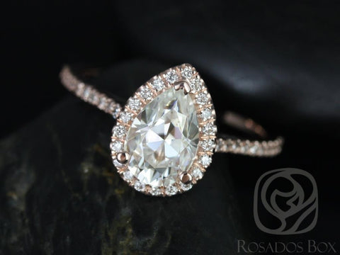 1.50cts Tabitha 9x6mm 14kt Rose Gold Forever One Moissanite Diamonds Dainty Micro Pave Pear Halo Engagement Ring - Rosados Box
