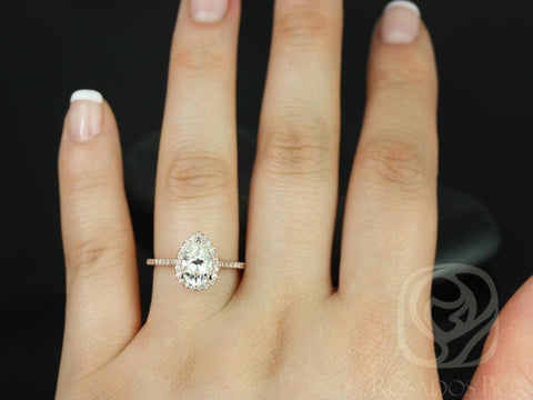 1.50cts Tabitha 9x6mm 14kt Rose Gold Forever One Moissanite Diamonds Dainty Micro Pave Pear Halo Engagement Ring - Rosados Box