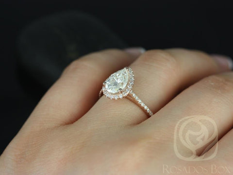 1.50cts Tabitha 9x6mm 14kt Rose Gold Forever One Moissanite Diamonds Dainty Micro Pave Pear Halo Engagement Ring - Rosados Box