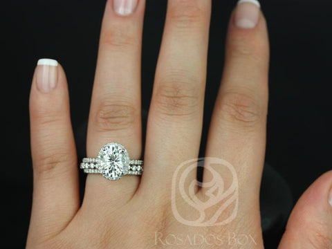 3ct Federella 10x8mm & Petite Naomi 14kt Moissanite Diamond Oval Halo TRIO Bridal Set - Rosados Box