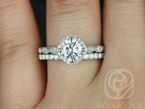 1.25ct Katya 7mm & Taylor 14kt Gold Moissanite Diamond WITH Milgrain Kite Set Cushion Halo Bridal Set - Rosados Box