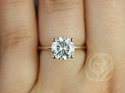 2ct Skinny Alberta 8mm 14kt Rose Gold Moissanite Dainty Minimalist Cathedral Round Solitaire Engagement Ring
