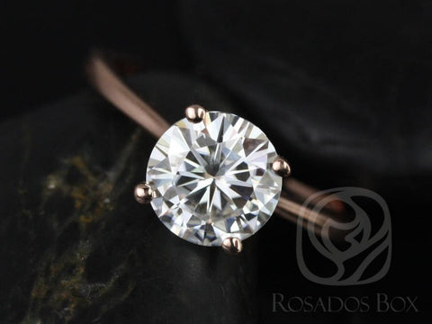 Ready to Ship Skinny Flora 8mm 14kt Rose Gold Moissanite GH Dainty Tapered Cathedral Round Solitaire Engagement Ring