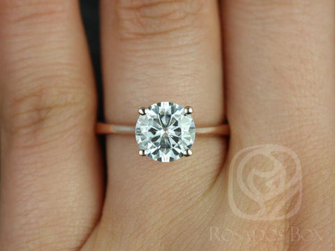 Ready to Ship Skinny Flora 8mm 14kt Rose Gold Moissanite GH Dainty Tapered Cathedral Round Solitaire Engagement Ring
