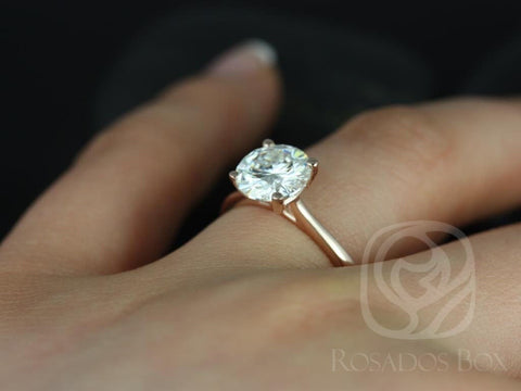 Ready to Ship Skinny Flora 8mm 14kt Rose Gold Moissanite GH Dainty Tapered Cathedral Round Solitaire Engagement Ring
