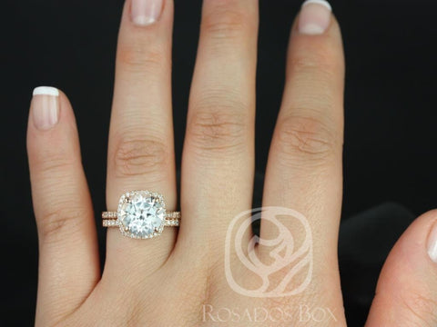 Rosados Box Ready to Ship Barra 10mm 14kt WHITE Gold Round White Topaz Diamond Cushion Halo Bridal Set - Rosados Box