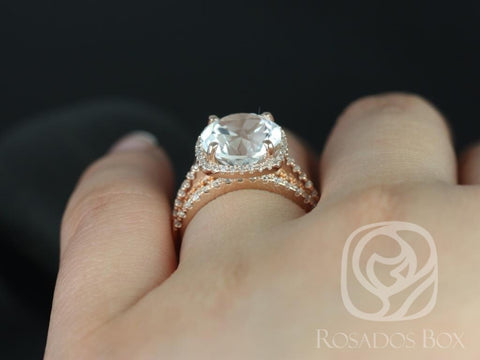 Rosados Box Ready to Ship Barra 10mm 14kt WHITE Gold Round White Topaz Diamond Cushion Halo Bridal Set - Rosados Box