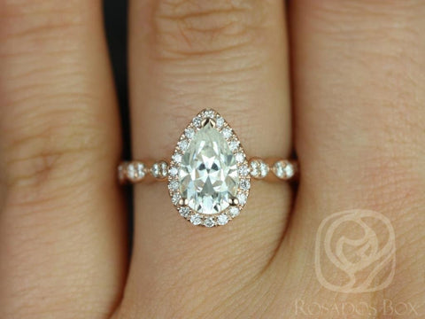 1.50ct Sydney 9x6mm 14kt Rose Gold Moissanite Diamond WITHOUT Milgrain Pear Halo Engagement Ring, Rosados Box - Rosados Box