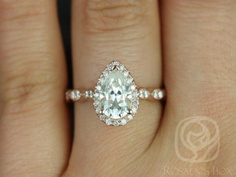 SALE Ready to Ship Sydney 9x6mm 14kt Rose Gold Forever Brilliant Moissanite Diamond WITHOUT Milgrain Pear Halo Engagement Ring