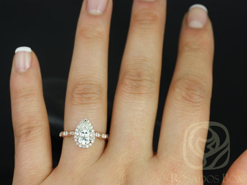 1.50ct Sydney 9x6mm 14kt Rose Gold Moissanite Diamond WITHOUT Milgrain Pear Halo Engagement Ring, Rosados Box - Rosados Box