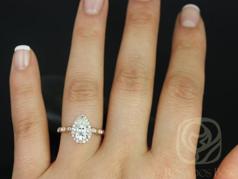 SALE Ready to Ship Sydney 9x6mm 14kt Rose Gold Forever Brilliant Moissanite Diamond WITHOUT Milgrain Pear Halo Engagement Ring