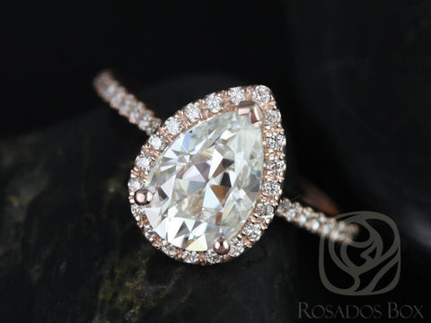 2cts Tabitha 10x7mm 14kt Gold Moissanite Diamond Pear Halo Ring - Rosados Box