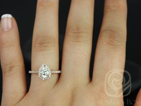 0.75cts Tabitha 7x5mm 14kt Gold Moissanite Diamonds Pear Halo Engagement Ring - Rosados Box