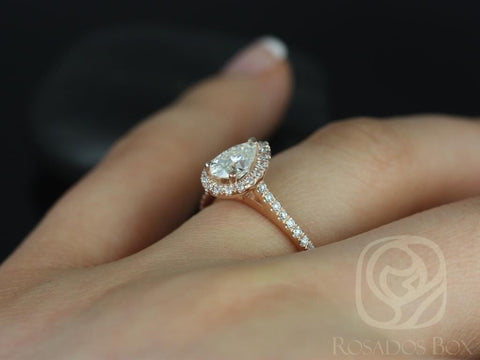 0.75cts Tabitha 7x5mm 14kt Gold Moissanite Diamonds Pear Halo Engagement Ring - Rosados Box