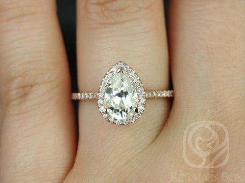 1.50cts Tabitha 9x6mm 14kt Rose Gold Forever One Moissanite Diamonds Dainty Micro Pave Pear Halo Engagement Ring - Rosados Box