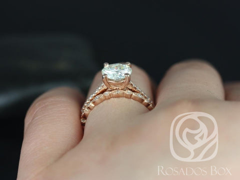 1.50ct Eloise 7.5mm & Gwen 14kt Moissanite Diamond Dainty Art Deco Round Solitaire Accent Bridal Set - Rosados Box