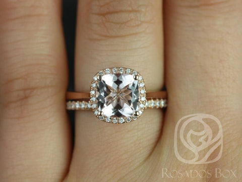 Ready to Ship Roxie 8mm 14kt Rose Gold Cushion Morganite Diamond Dainty Micropave Cushion Halo Bridal Set - Rosados Box