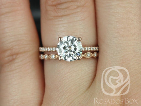 1.50ct Eloise 7.5mm & Gwen 14kt Moissanite Diamond Dainty Art Deco Round Solitaire Accent Bridal Set - Rosados Box