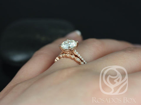 1.50ct Eloise 7.5mm & Gwen 14kt Moissanite Diamond Dainty Art Deco Round Solitaire Accent Bridal Set - Rosados Box