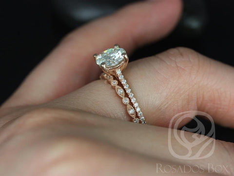 1.50ct Eloise 7.5mm & Gwen 14kt Moissanite Diamond Dainty Art Deco Round Solitaire Accent Bridal Set - Rosados Box