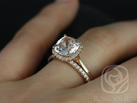 Ready to Ship Roxie 8mm 14kt Rose Gold Cushion Morganite Diamond Dainty Micropave Cushion Halo Bridal Set - Rosados Box