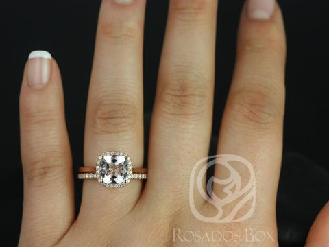 Ready to Ship Roxie 8mm 14kt Rose Gold Cushion Morganite Diamond Dainty Micropave Cushion Halo Bridal Set - Rosados Box