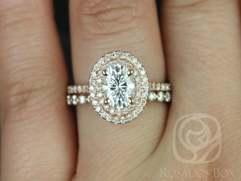 1.50ct Cara 8x6mm & Petite Naomi 14kt Moissanite Diamonds Dainty Oval Double Halo Bridal Set - Rosados Box