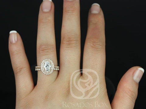 1.50ct Cara 8x6mm & Petite Naomi 14kt Moissanite Diamonds Dainty Oval Double Halo Bridal Set - Rosados Box